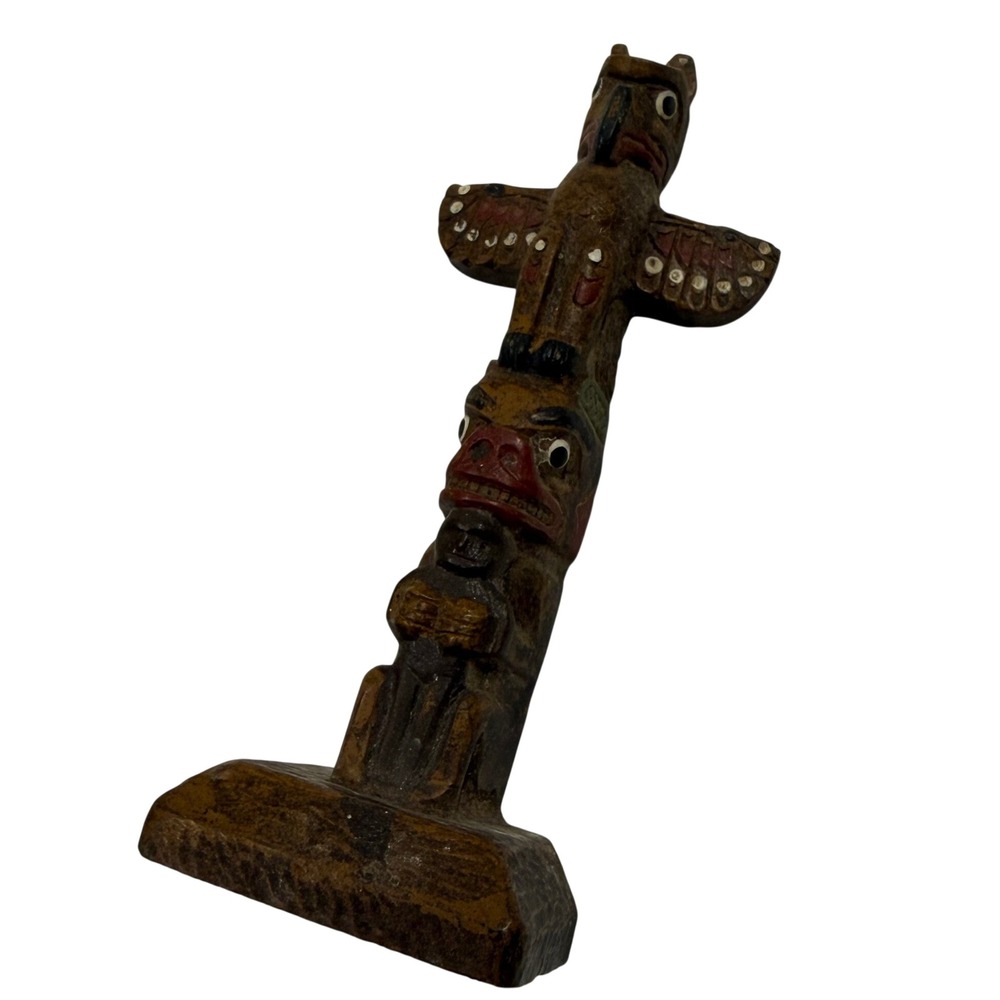 Vintage Hand Carved Wood Totem Pole Figurine Pacific Northwest Folk Art 4.75in